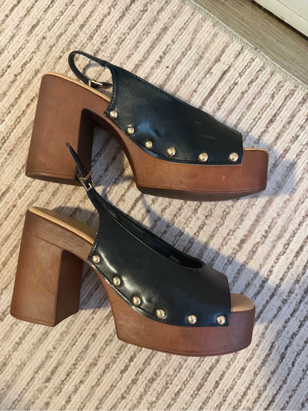 Madden Girl Black Leather Platform Slingback with Wood-Effect Block Heel
